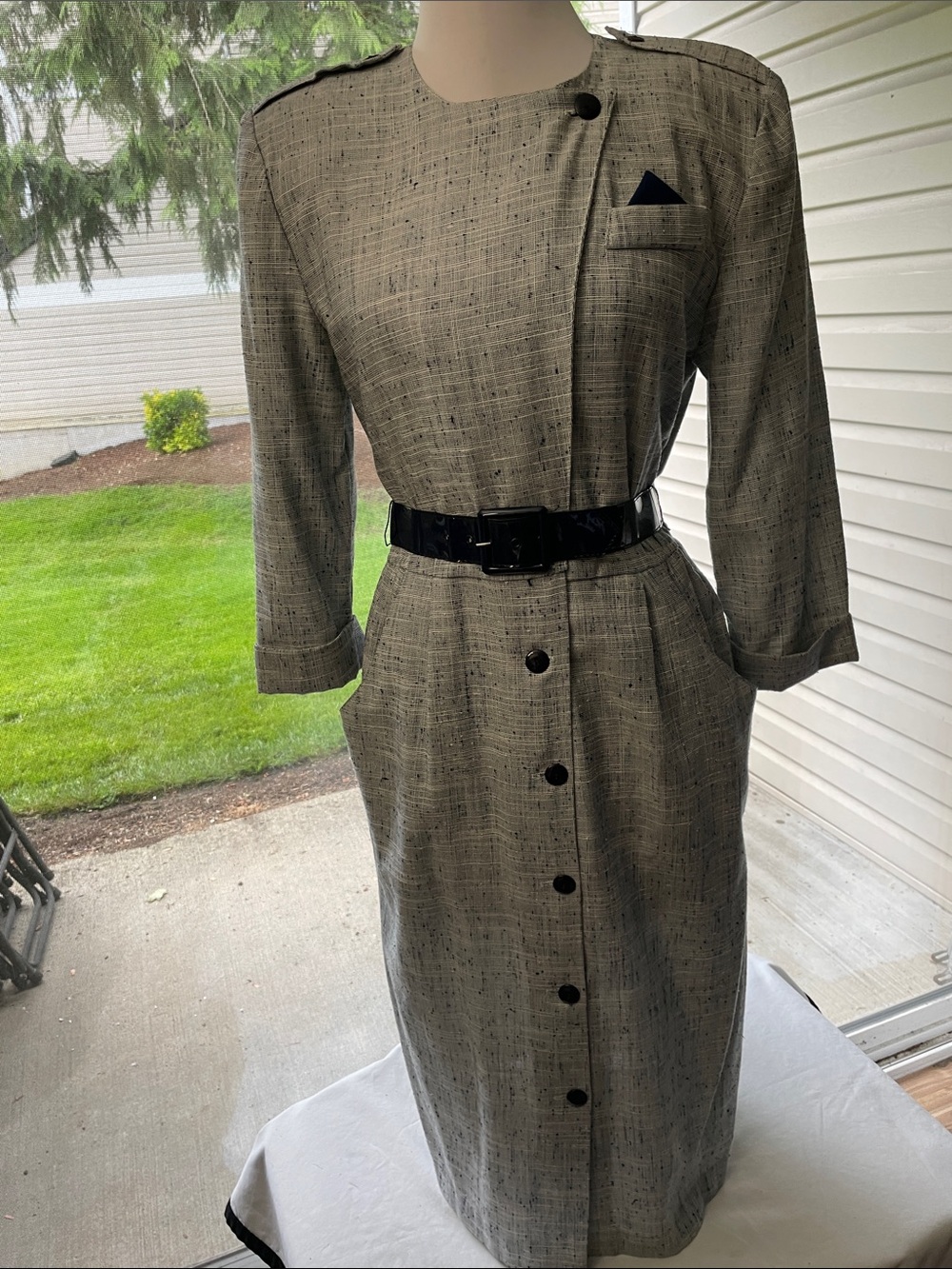 Women’s EUC VINTAGE MADE IN USA PERIWINKLE Sz 10 MIDI Tweed Dress Blk Accents - Picture 7 of 15